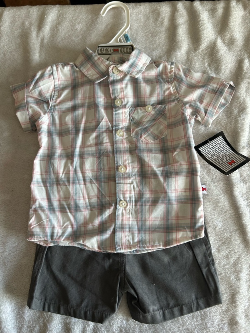 Plaid Short-Sleeve Button-Down Shirt - White with Pink & Light Blue